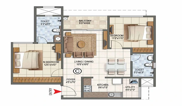 2 BHK, 1,150 - 1,300 sq.ft. floor plan at Purva District