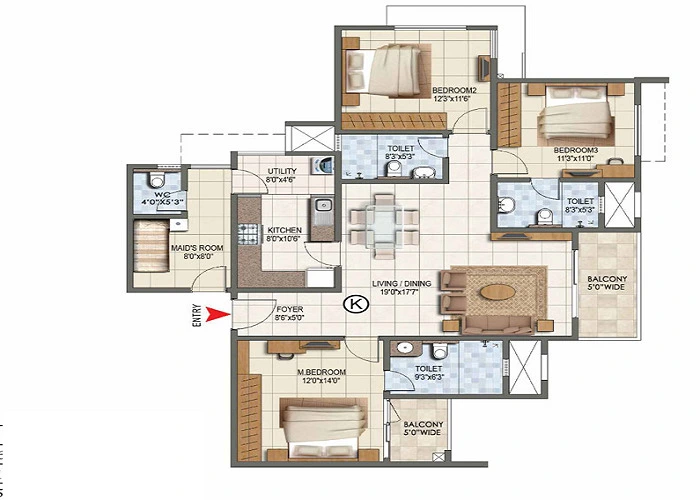 3 BHK, 1,500 - 1,950 sq.ft. floor plan at Purva District