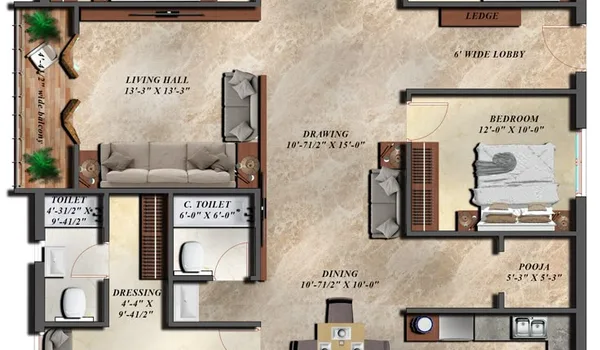 4 BHK, 2,150 - 2,400 sq.ft. floor plan at Purva District